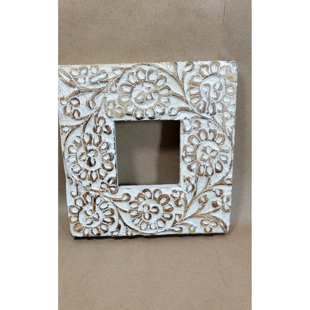 Hand Carved Floral Wood Picture Frame Square Whitewash Boho Rustic 6.5x6.5